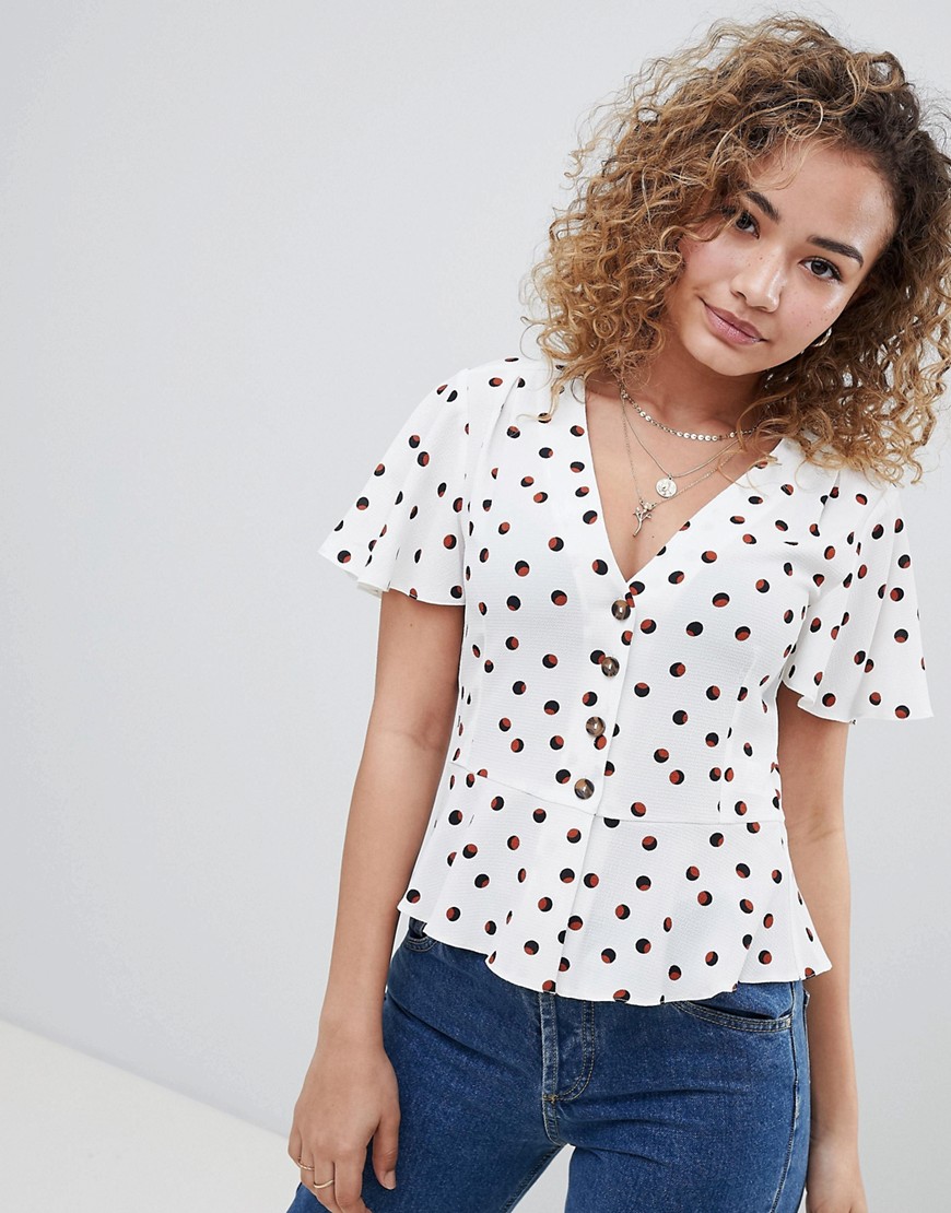 Miss Selfridge polka dot blouse with button front detail in cream
