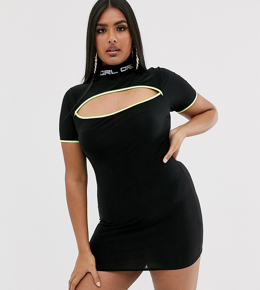 New Girl Order Curve high neck bodycon dress with cut out and contrast piping with logo neck