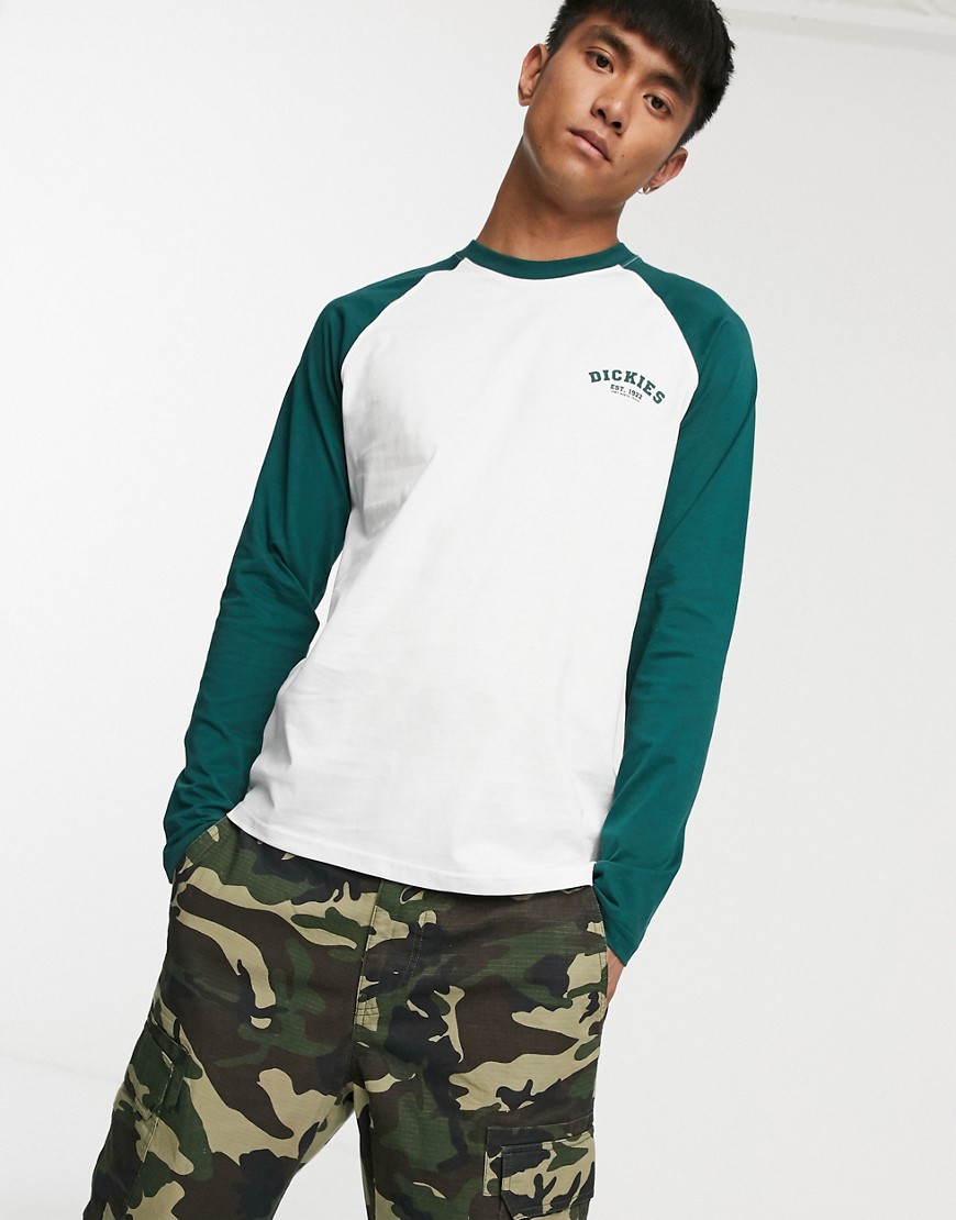 Dickies raglan long sleeve t-shirt with forest green sleeve in white