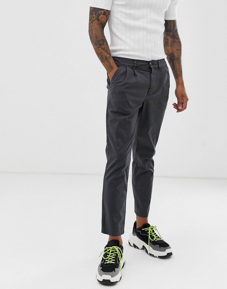 ASOS DESIGN cigarette chinos with pleats in washed black