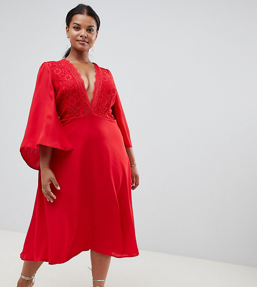 John Zack Plus lace top midi skater dress with cape detail in red - Red