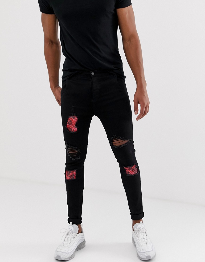 SikSilk distressed jeans with floral patch in black