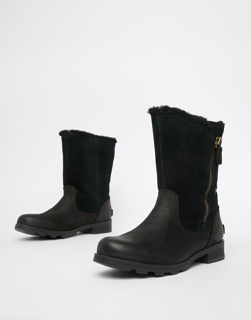 Sorel Emelie Black Leather Waterproof Foldover Boots