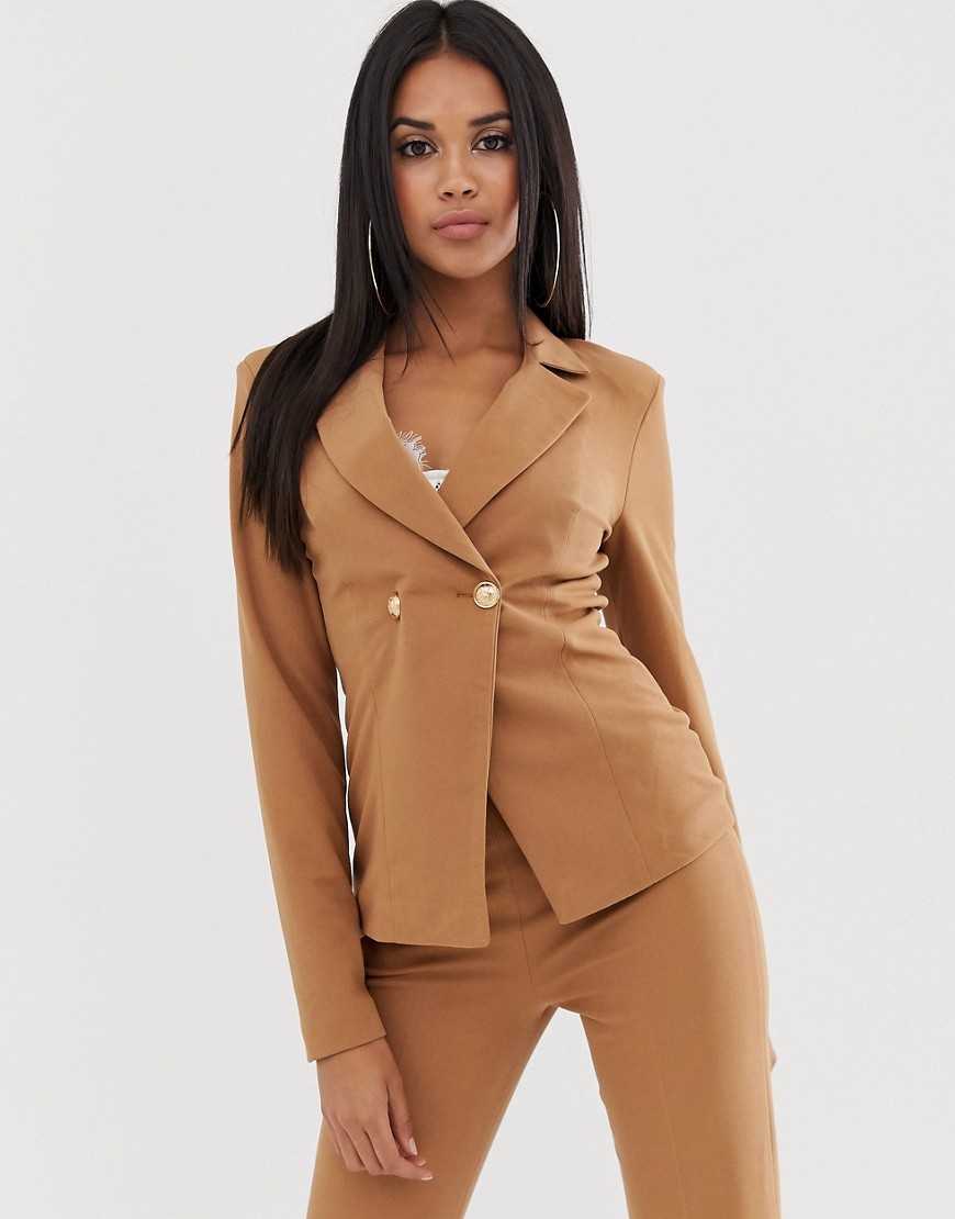 Koco & K double breasted blazer with gold button detail in coffee