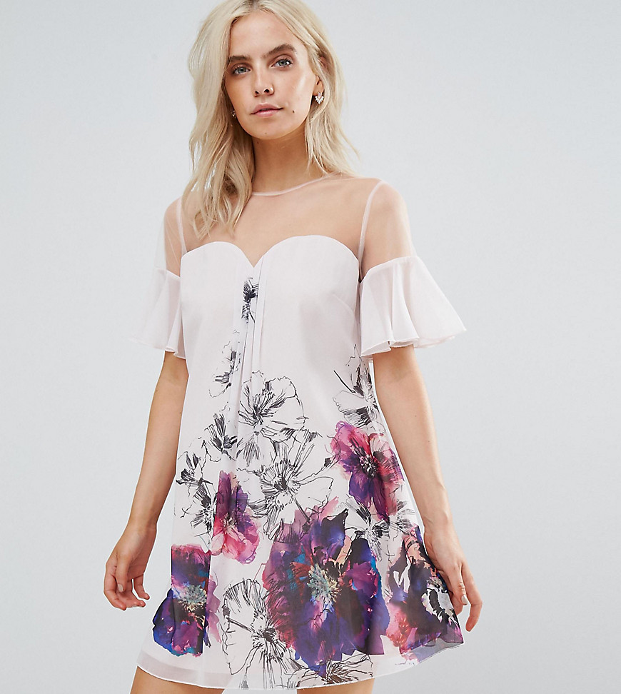 Little Mistress Petite Floral Printed Shift Dress With Fluted Sleeves - Multi