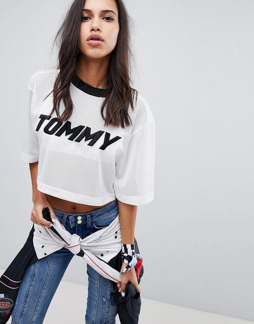 Gigi Hadid Tommy Logo Mesh Crop T-Shirt