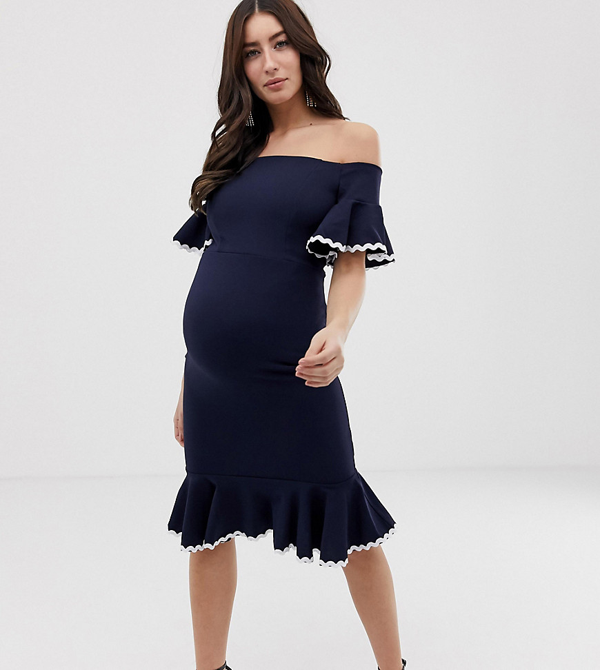 Queen Bee Maternity off shoulder pencil dress with fluted hem in navy