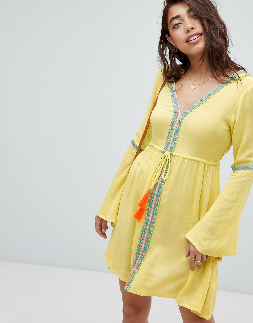 Anmol Yellow Plunge Neck Beach Dress With Embroidered Panels and Tassel Tie - Yellow