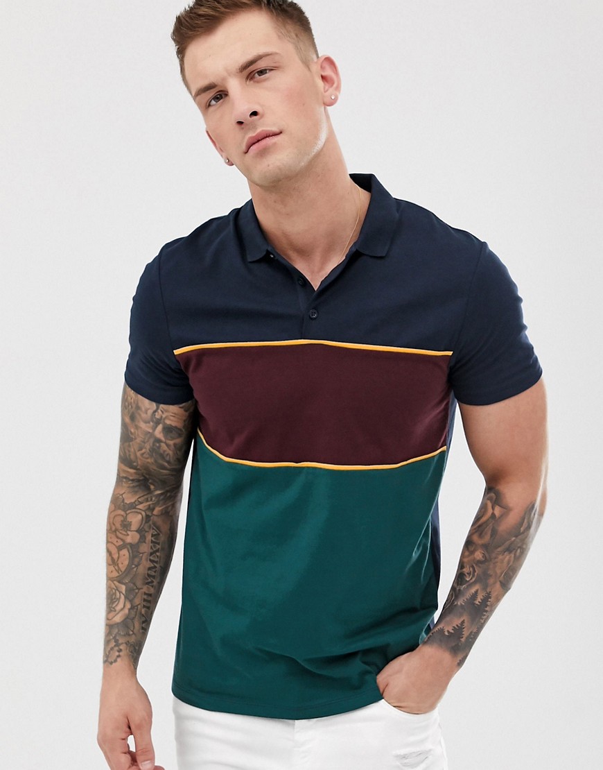 ASOS DESIGN polo shirt with retro colour block in navy