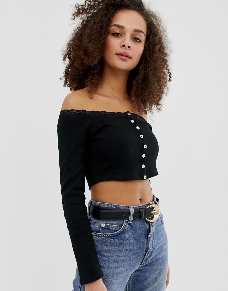 ASOS DESIGN bardot with button front and lace with long sleeve