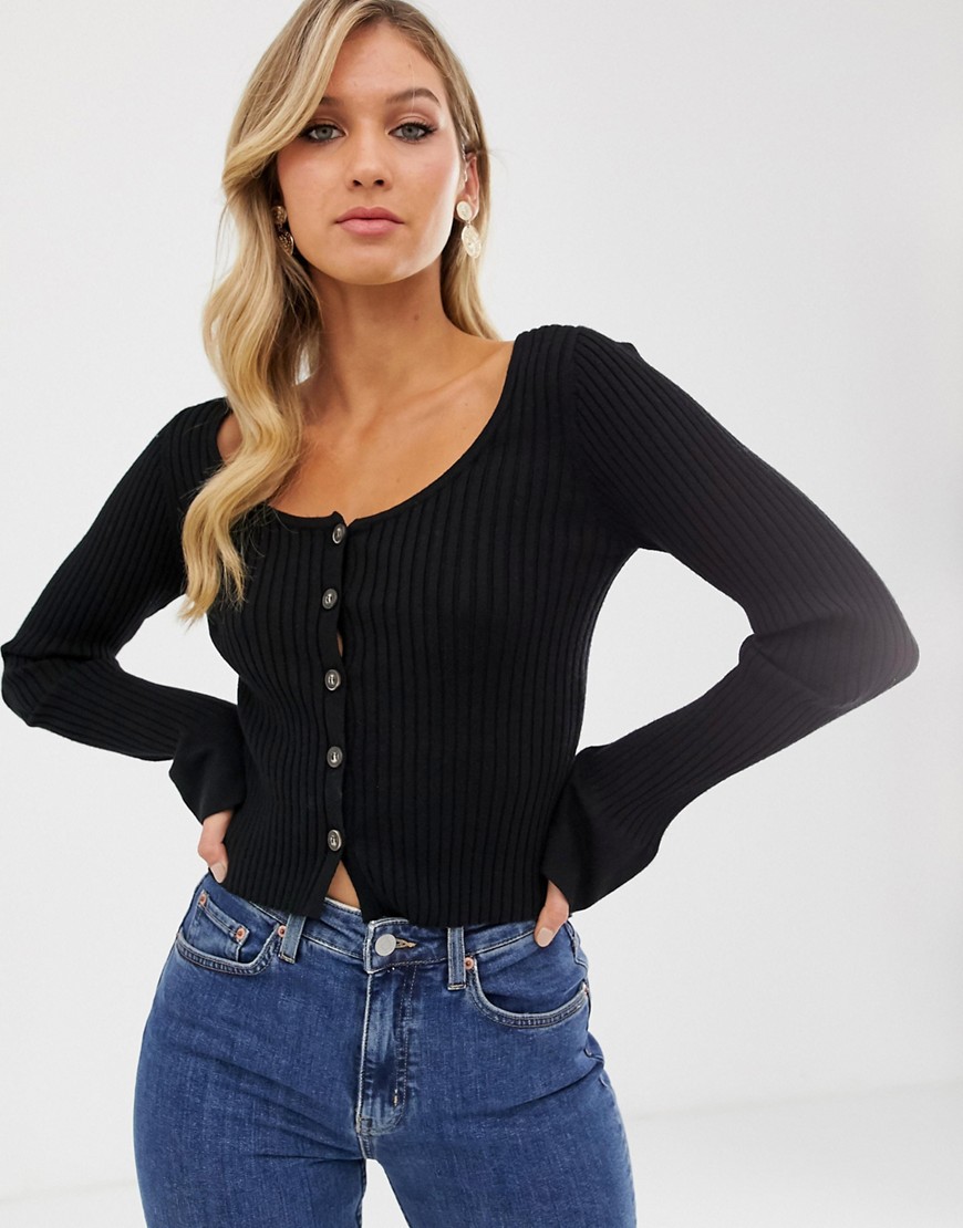 Asos Design Scoop Neck Cardigan In Skinny Rib With Buttons-black