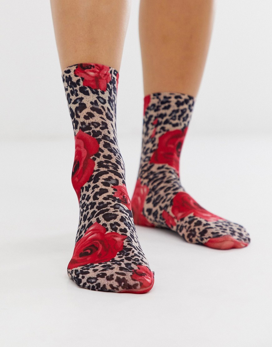 Gipsy leopard and rose printed ankle high sock in multi