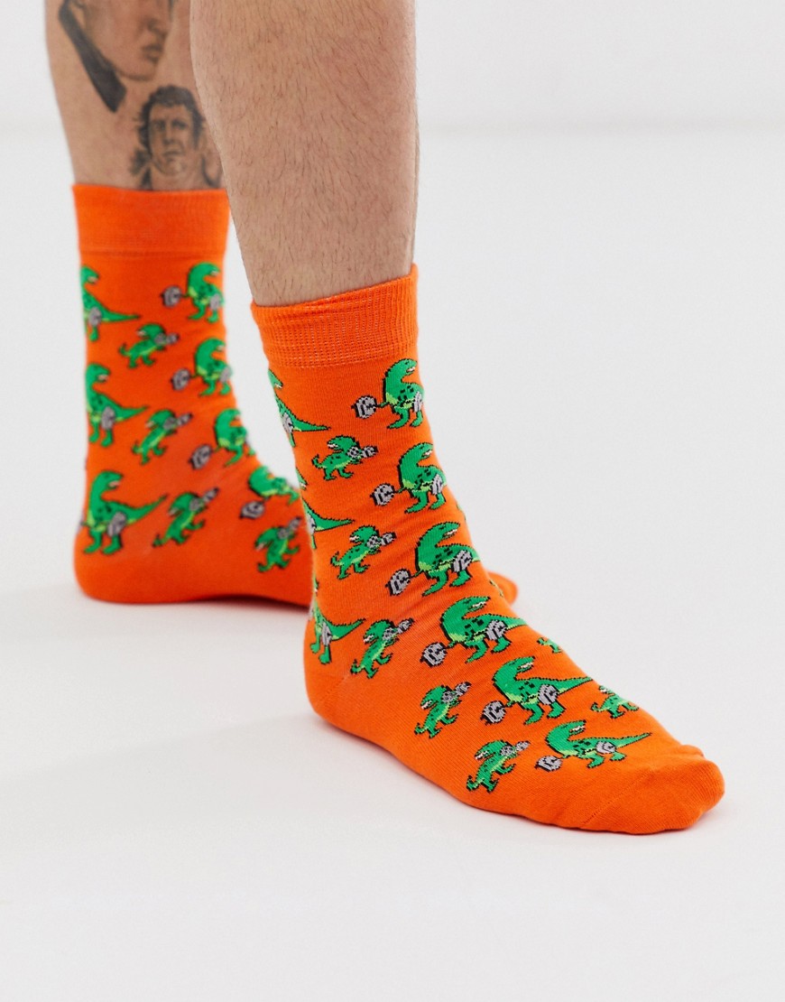 Moss London socks with weightlifting dinosaur