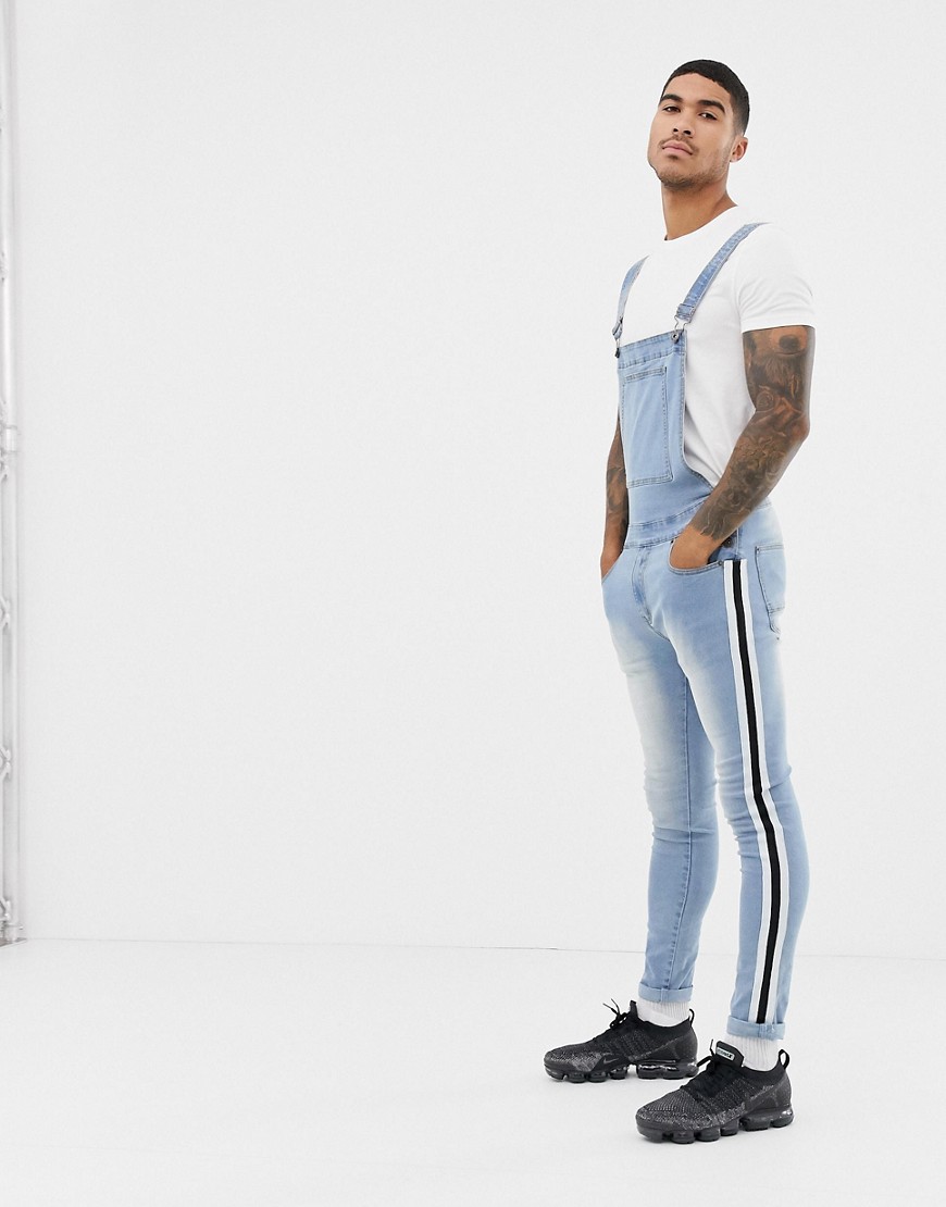 Liquor N Poker dungarees with side taping in stonewash