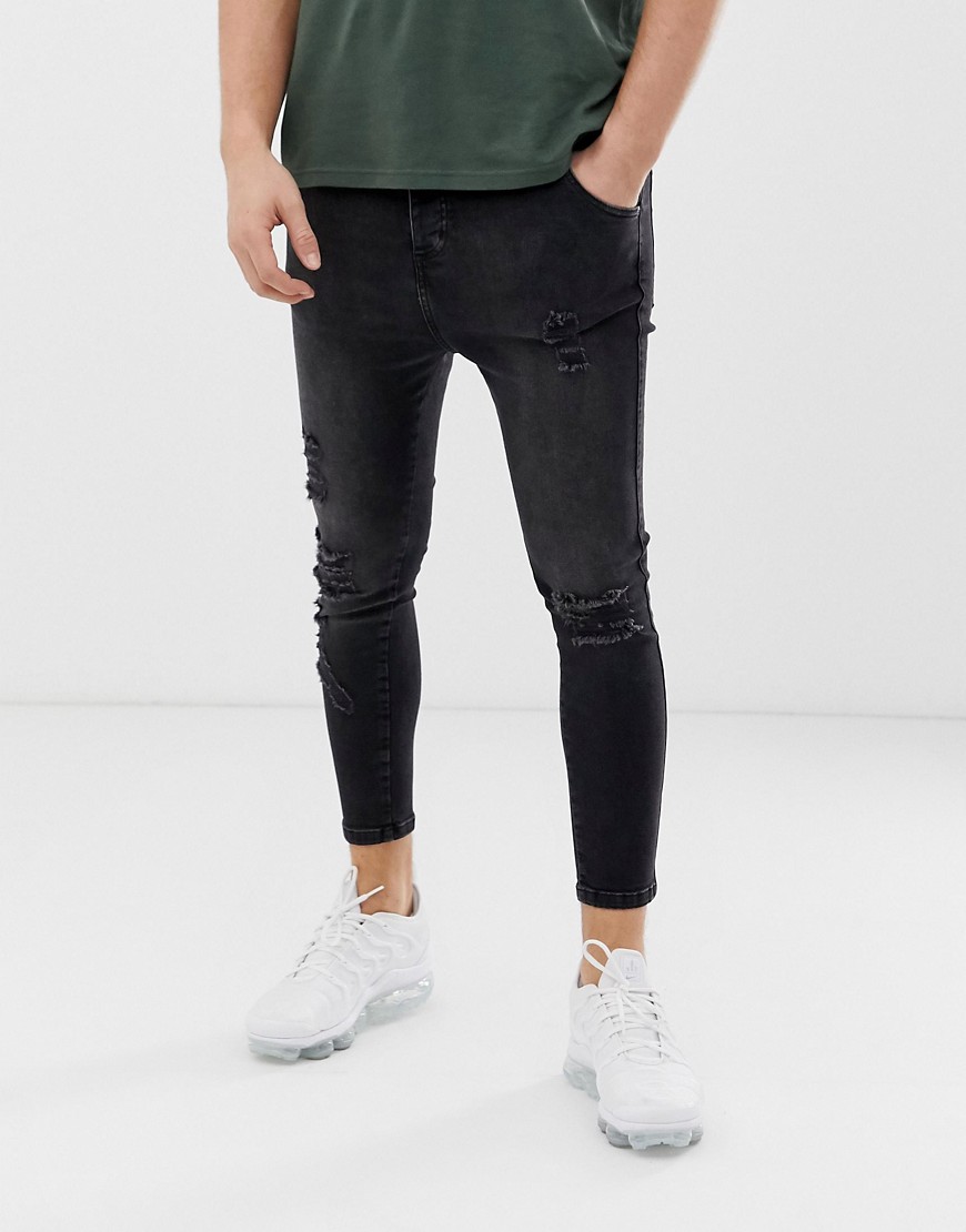 SikSilk super skinny jeans in black with knee rips