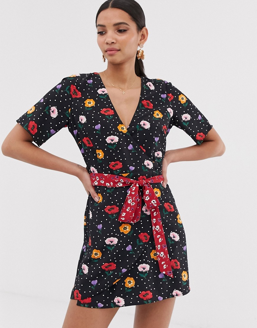 Fashion Union wrap dress with contrast belt in poppy print