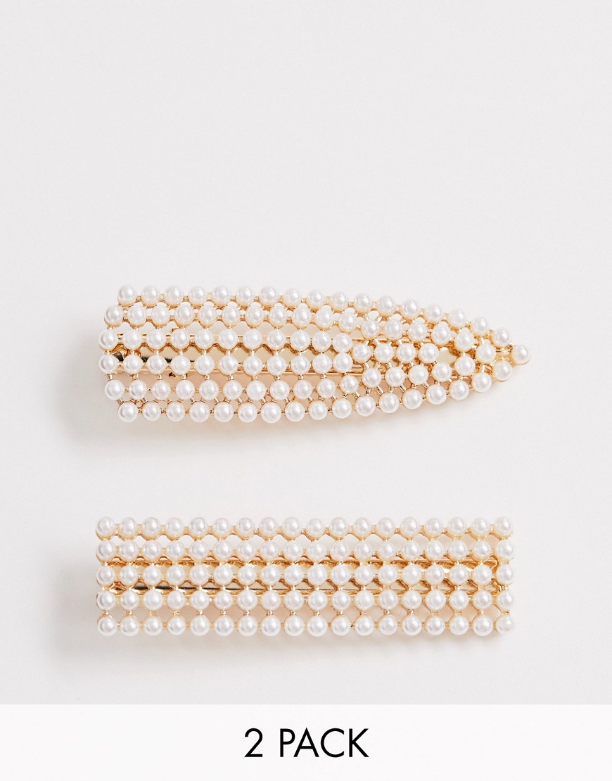 ASOS DESIGN pack of 2 snap shape hair clips in solid pearl embellishment in gold tone
