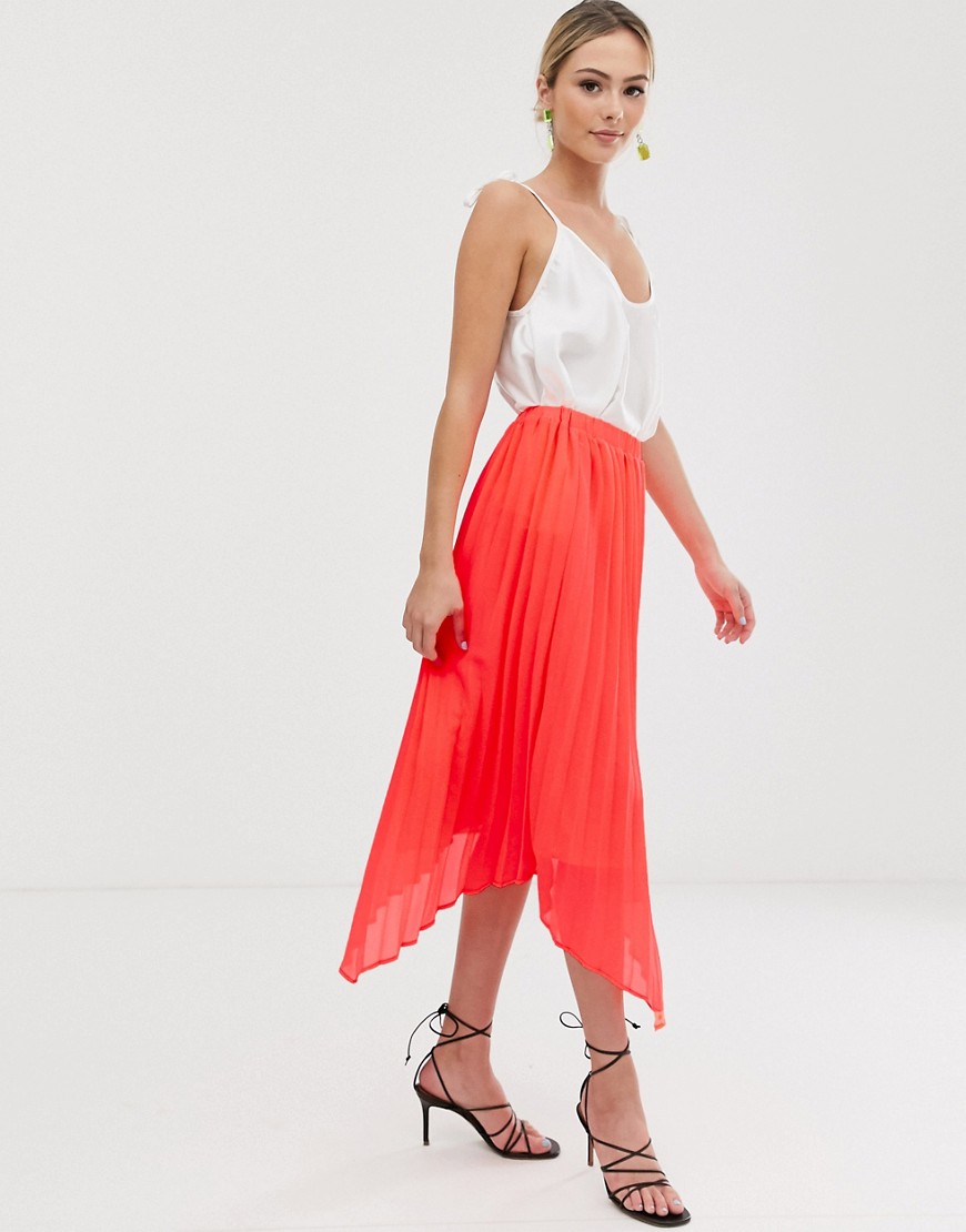 Liquorish midi skirt with pleated overlay in bright coral