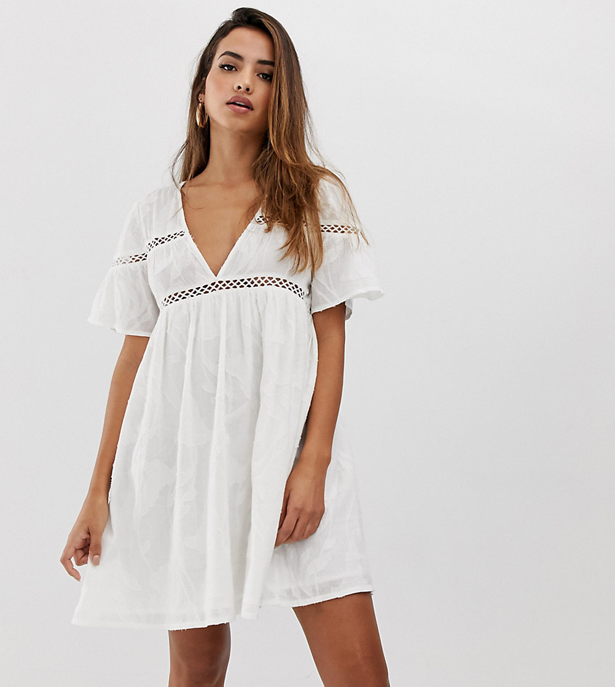 PrettyLittleThing smock mini dress with crochet inserts in white