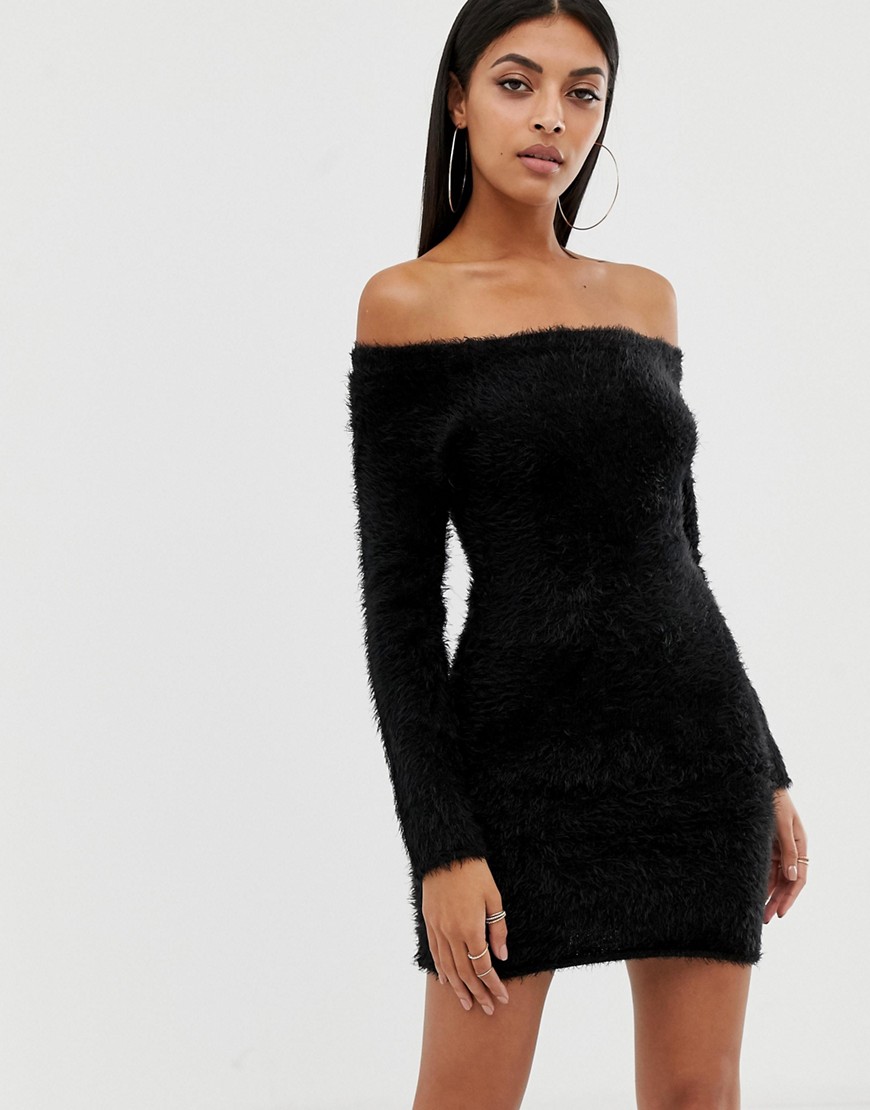 Missguided fluffy bardot long sleeve mini dress - Black