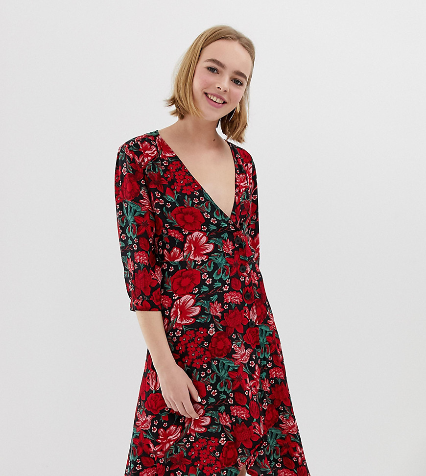 Monki floral print wrap dress with buttons in red