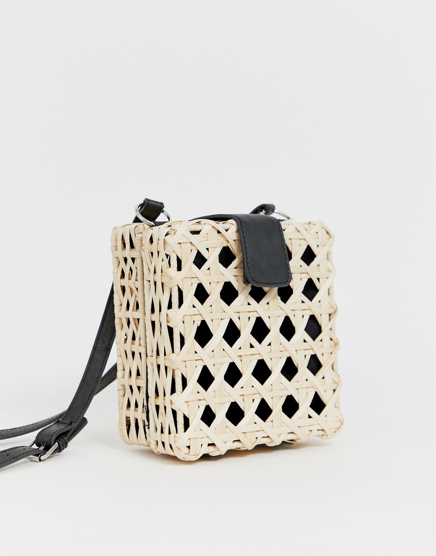 Asos Design Natural Open Weave Straw Cross Body Bag-beige