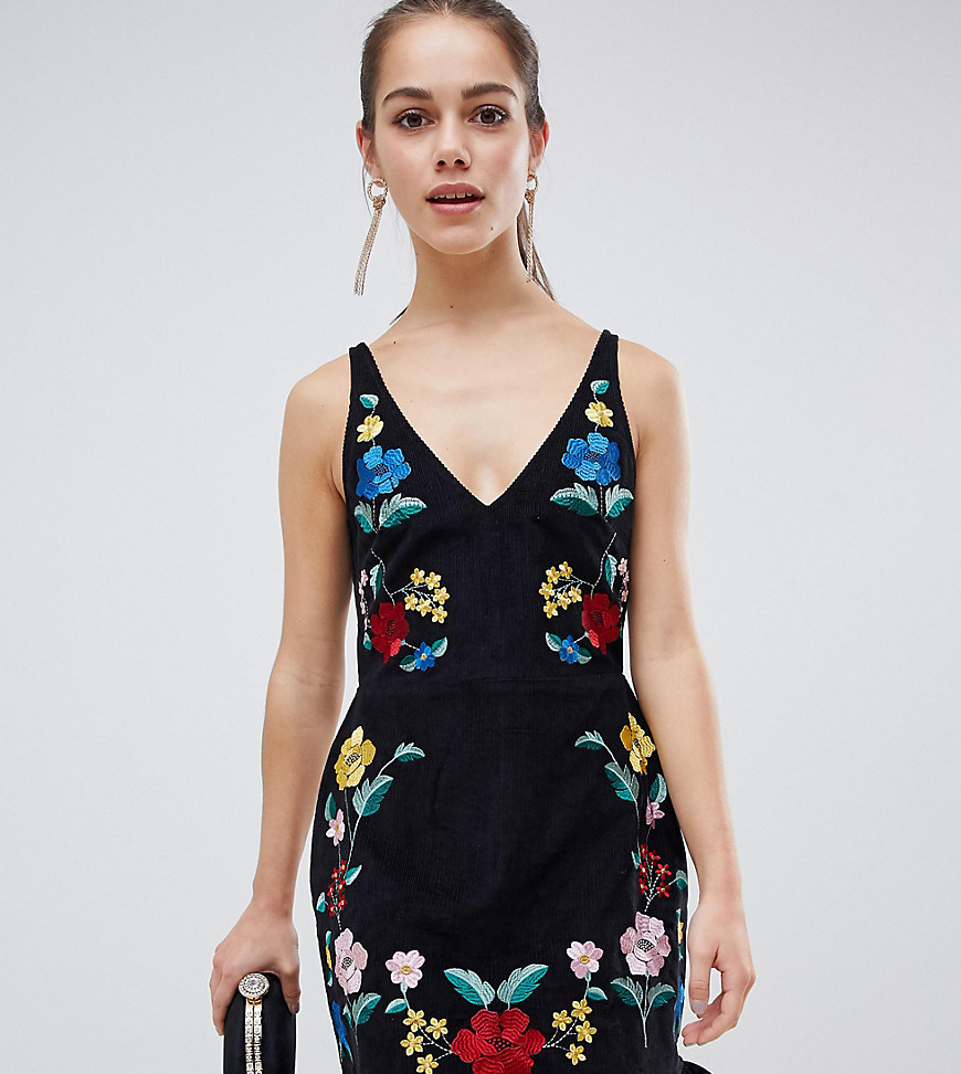 ASOS DESIGN Petite mini dress in cord with floral embroidery