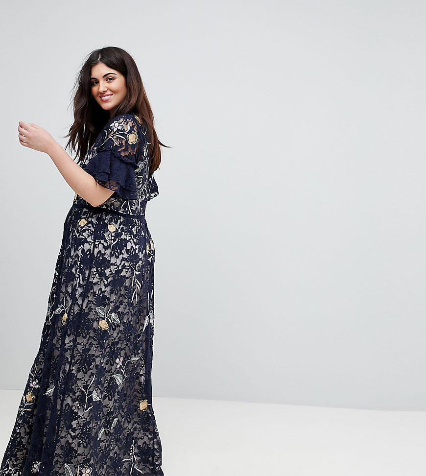 Frock And Frill Plus Allover Floral Embroidered Lace Maxi Dress With Flutter Sleeve - Navy multi