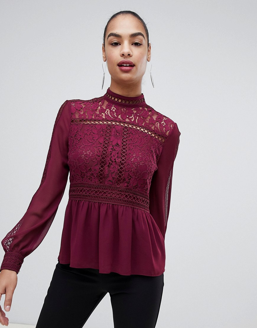 Forever New lace detail blouse with high neck in burgundy