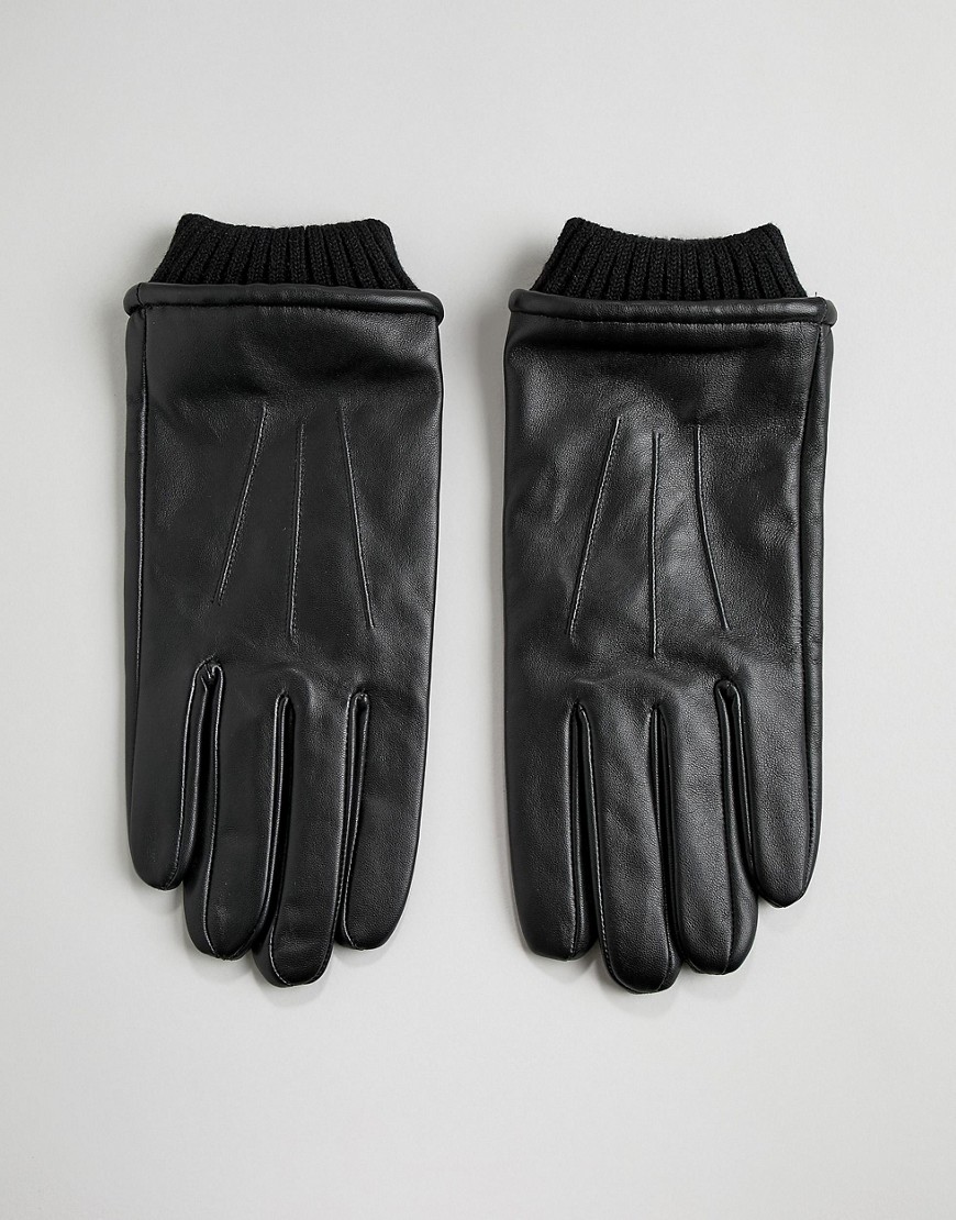 Barneys Leather Gloves With Cuff Detail Black