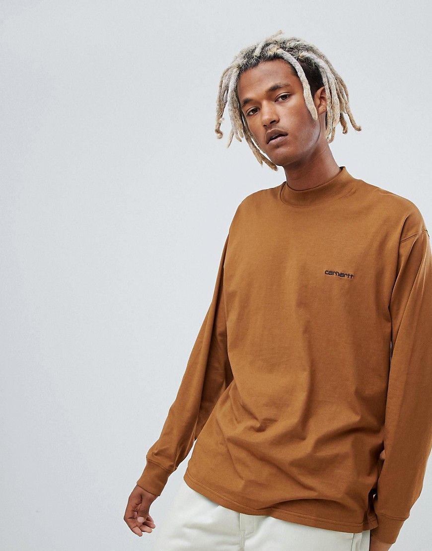 Carhartt WIP high neck script embroidery long sleeve t-shirt in brown - Brown
