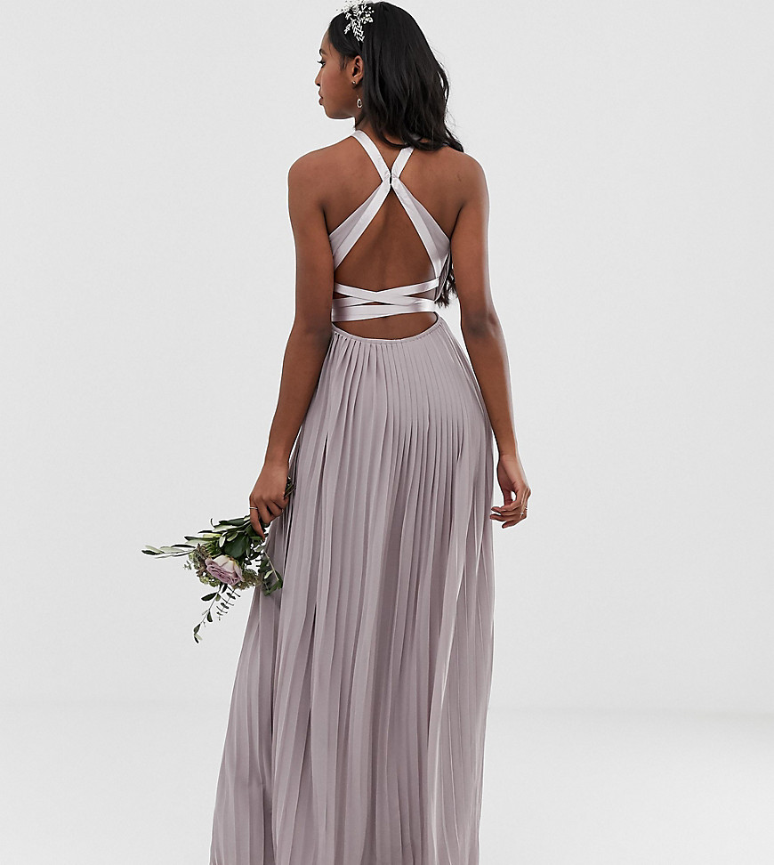 TFNC Tall pleated maxi bridesmaid dress with cross back and bow detail in grey