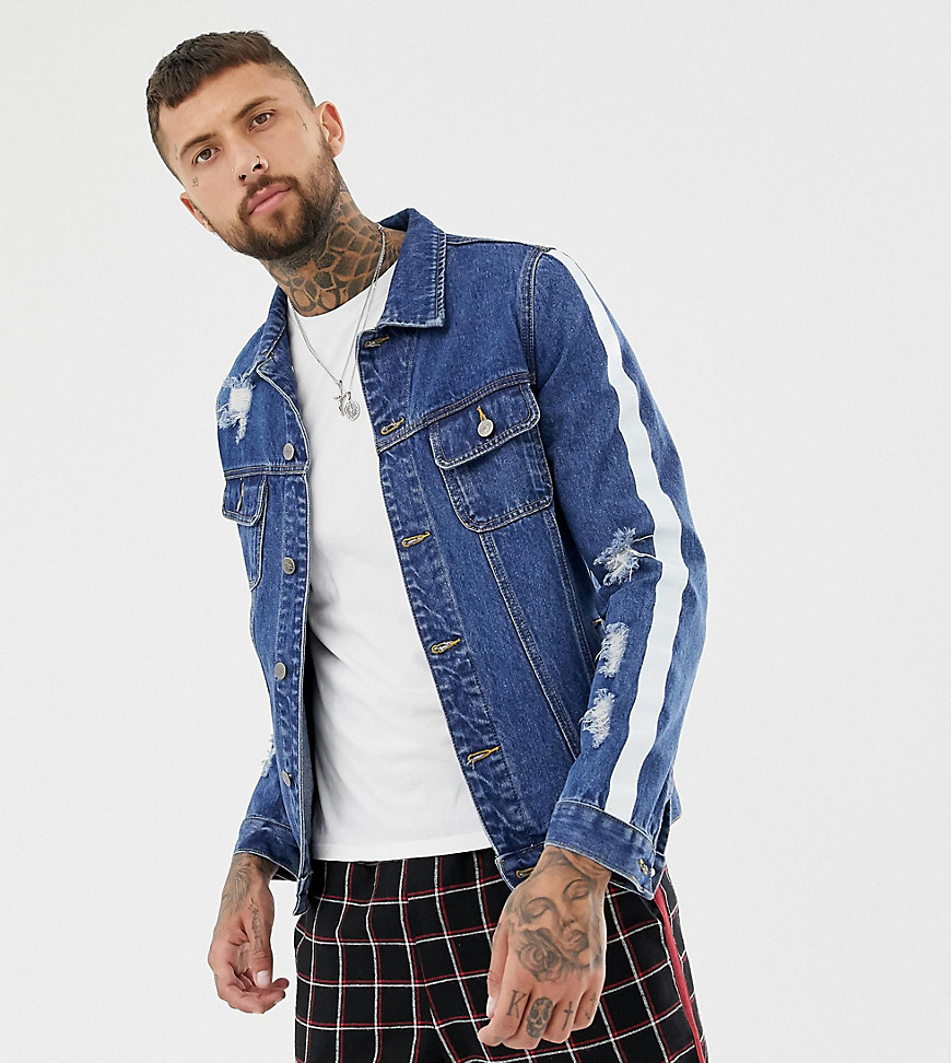 Mauvais muscle fit denim jacket with distressing and side stripe