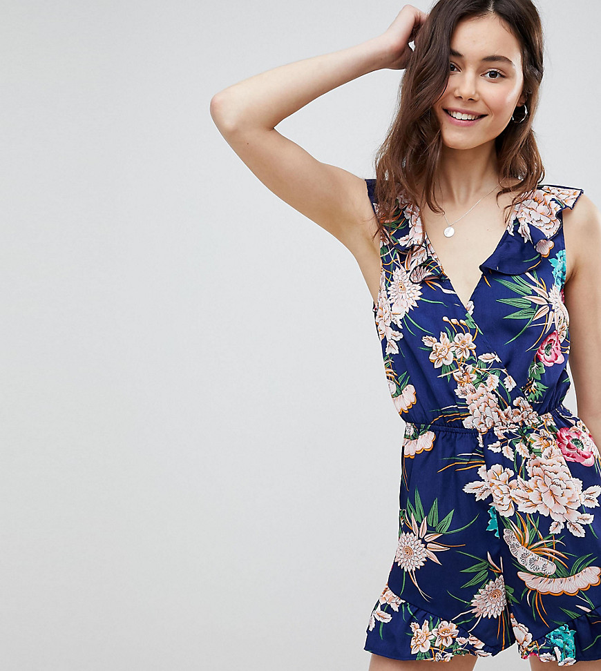 Parisian Tall Floral Print Sleeveless Wrap Playsuit With Frill Detail