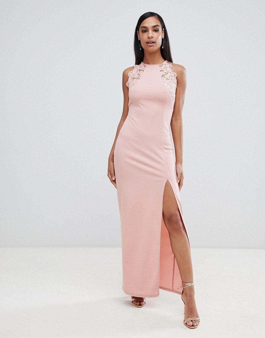 Ax Paris High Neck Maxi Dress With Side Split & Lace Detail-pink