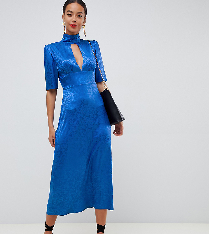 Fashion Union Tall high neck midi dress - Blue satin