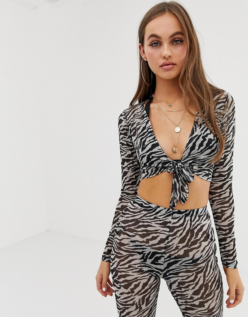 Motel mesh beach co-ord plunge crop top with flared trouser in zebra print