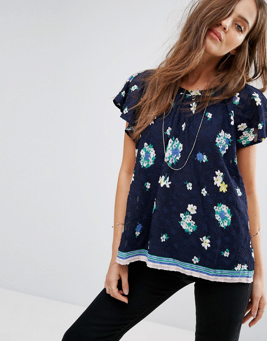 BA&SH Embroidered Frilled Top - Navy