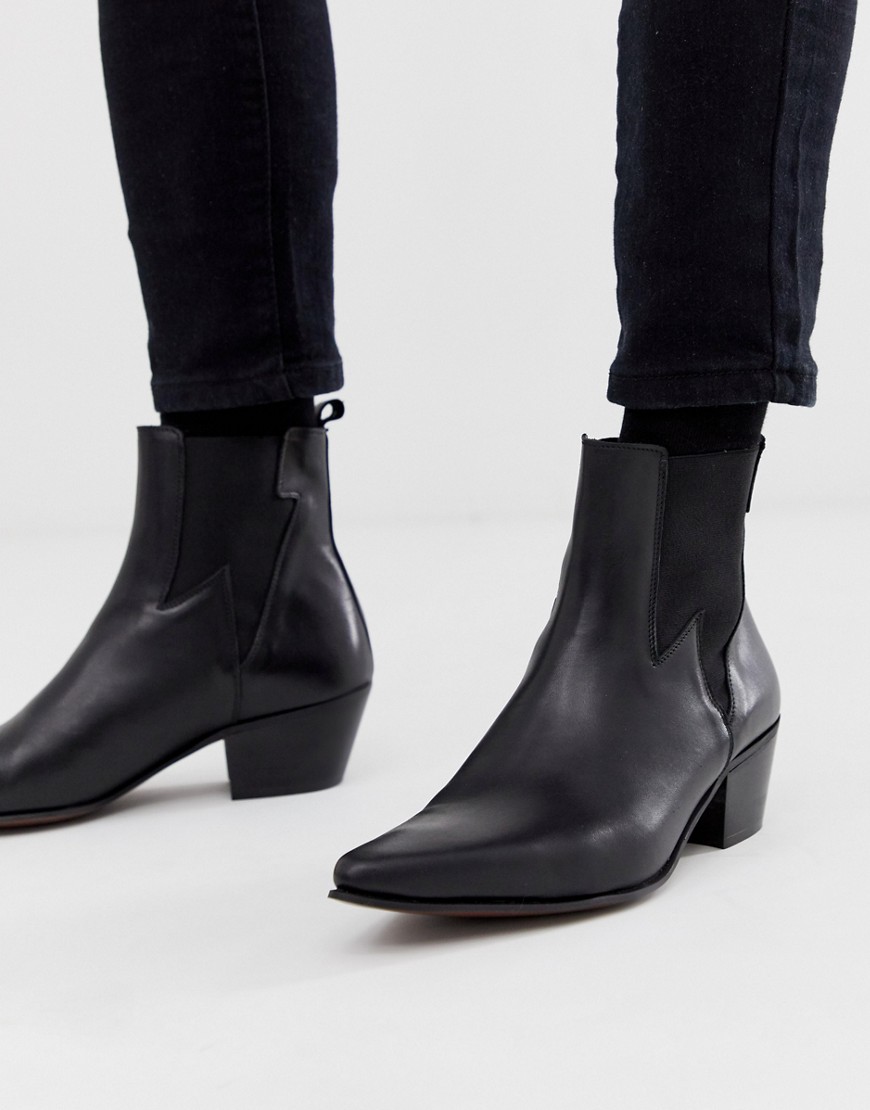ASOS DESIGN cuban heel western chelsea boots in black leather with lightning detail