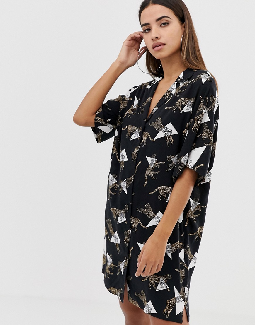 Asos Design Cheetah Print Button Through Mini Shirt Dress - Multi