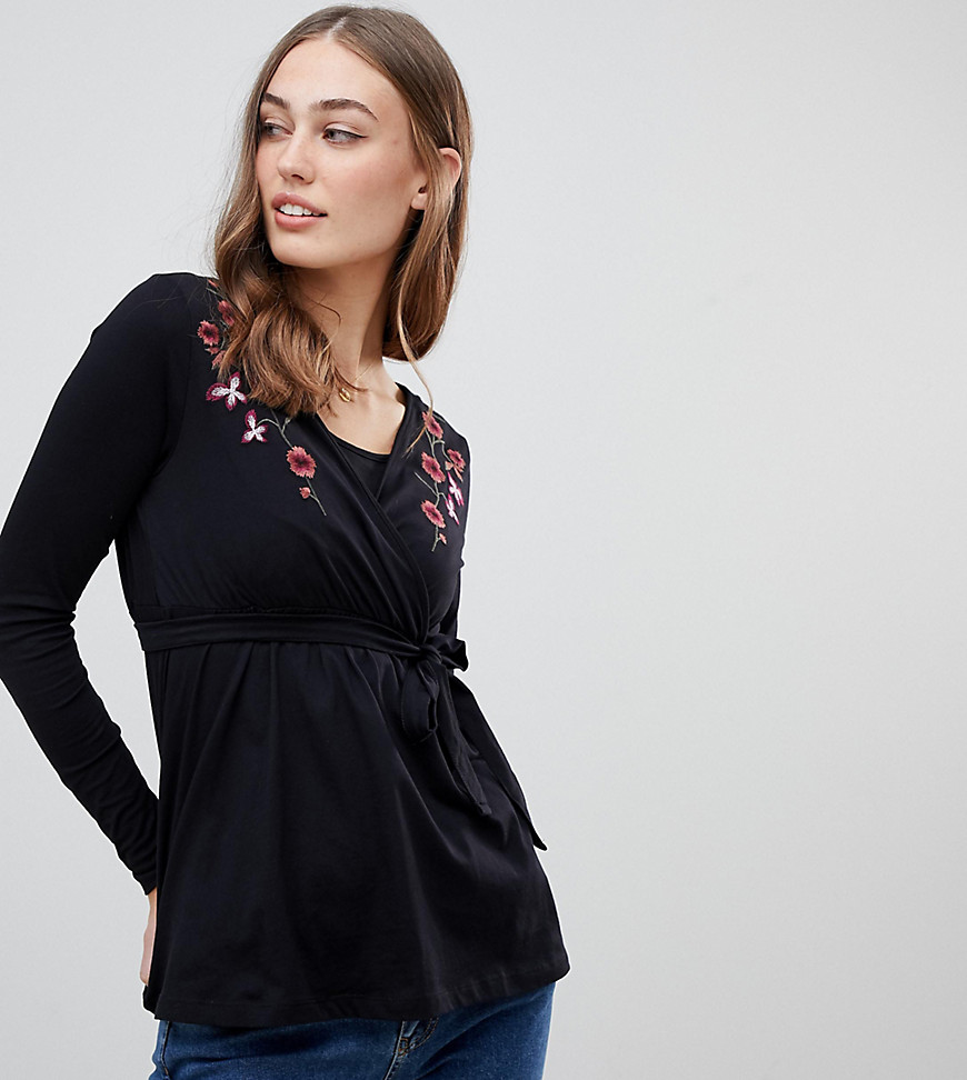Mamalicious nursing organic cotton wrap embroidered top in black