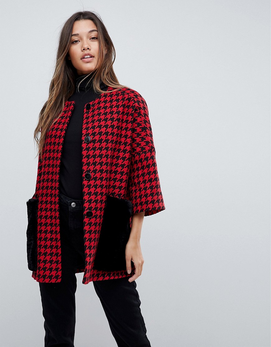 Helene Berman Faux Fur Dogtooth Pockets Kimono Coat - Red / black