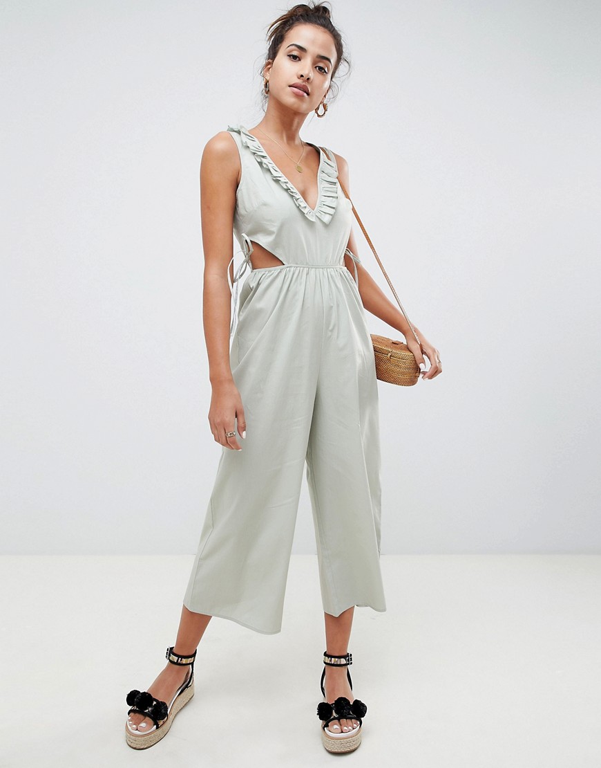 ASOS DESIGN tea jumpsuit in cotton with tie and cut out detail