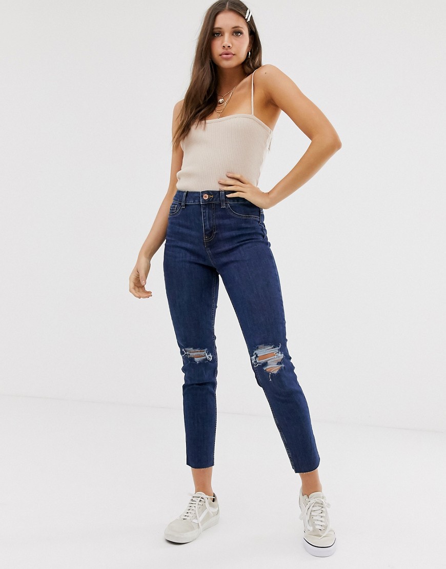 New Look ripped knee skinny jeans in mid blue
