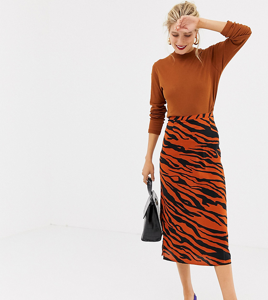 Stradivarius tiger print orange midi skirt