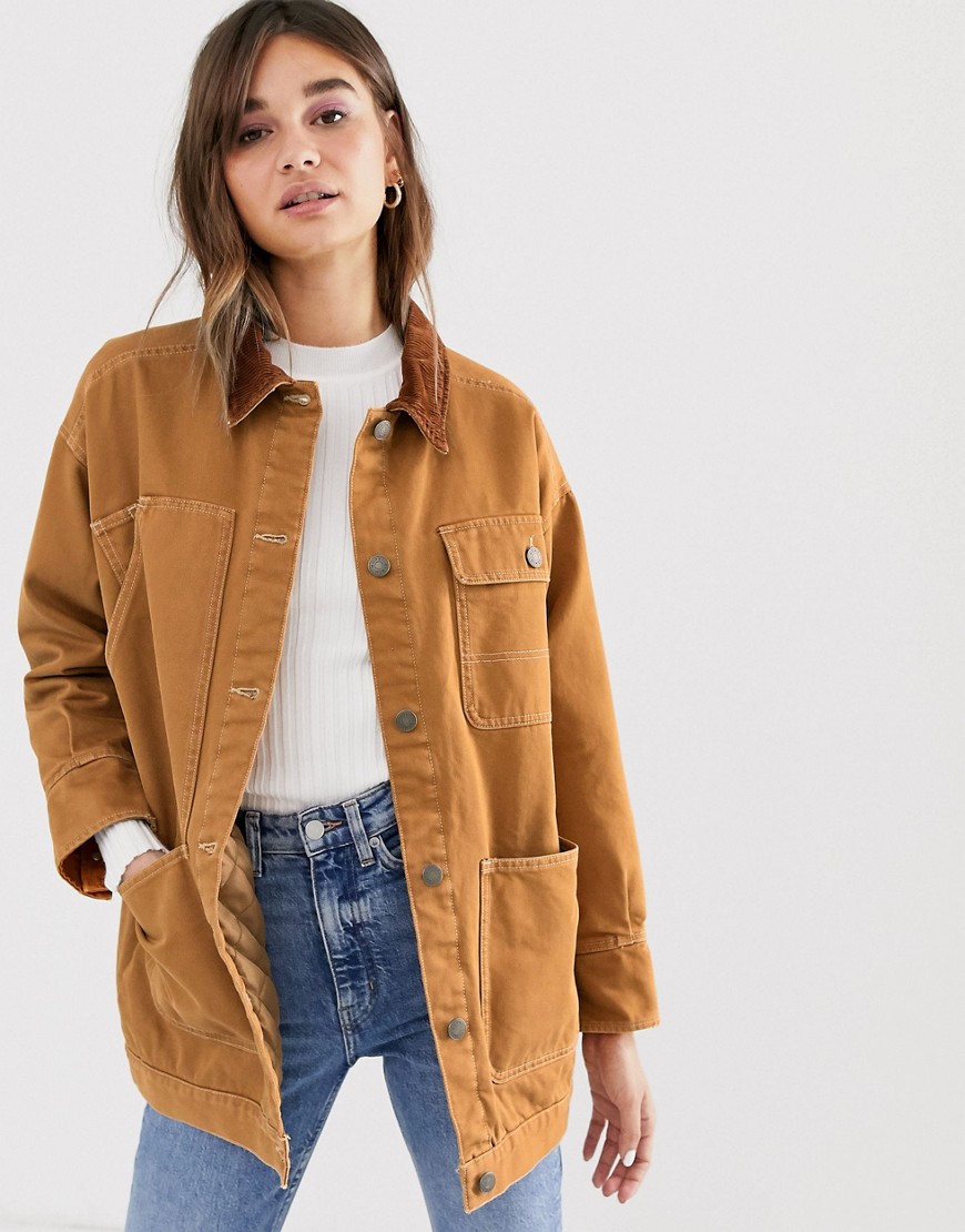 Monki denim jacket with quilted lining and cord  collar in rust
