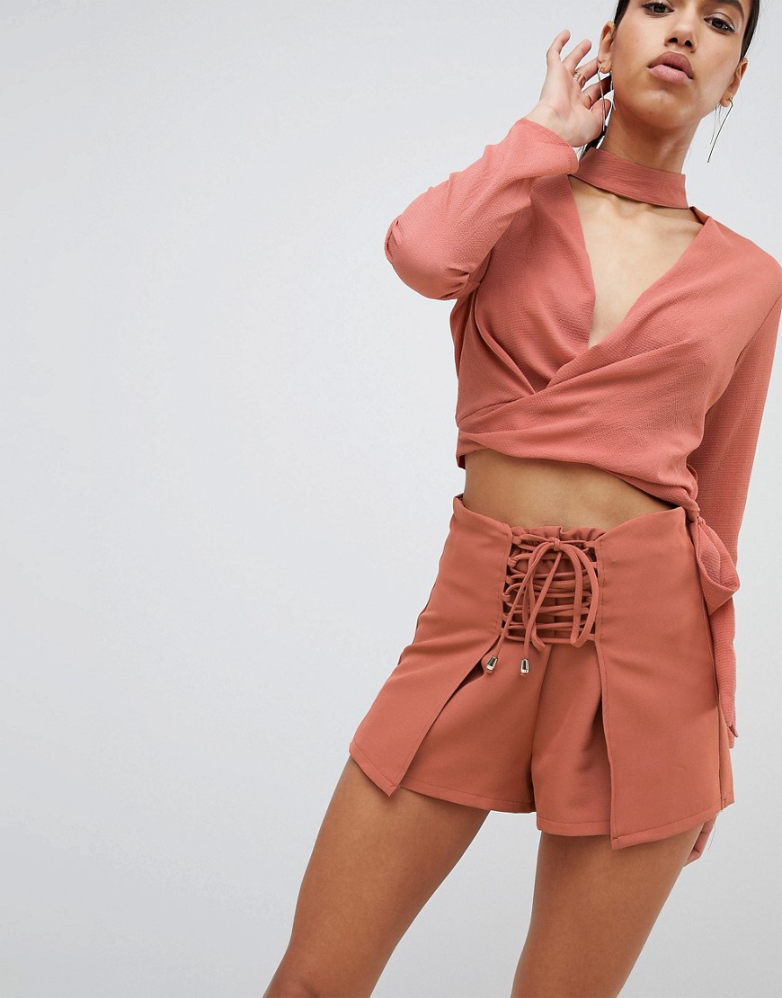 Parallel Lines Wrap Front Shorts With Corset Detail Co-Ord