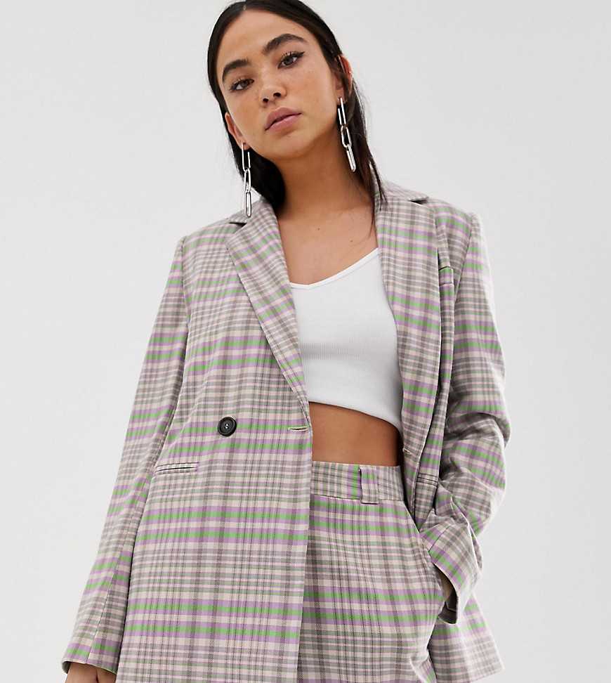COLLUSION double breasted check blazer with side tape
