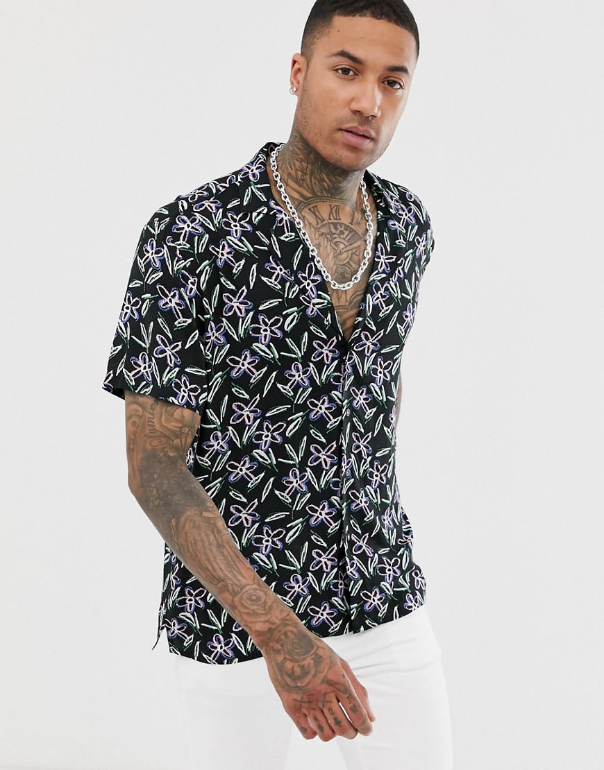 Asos Design Regular Fit Shirt In Floral Print With Deep Revere Collar