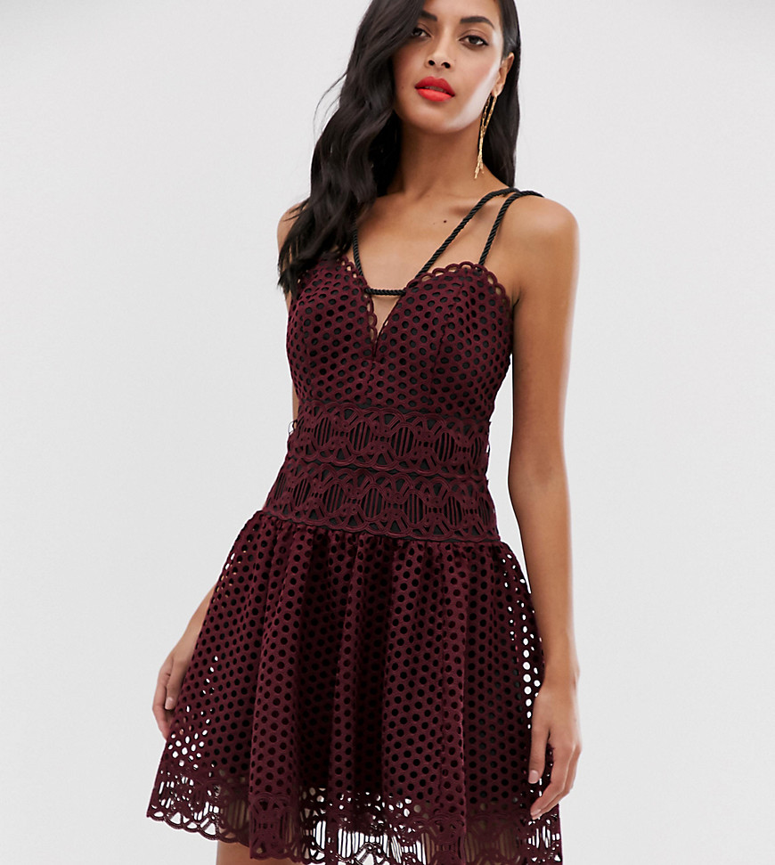 Asos Design Mini Dress In Basket Weave Lace With Rope Trim-red